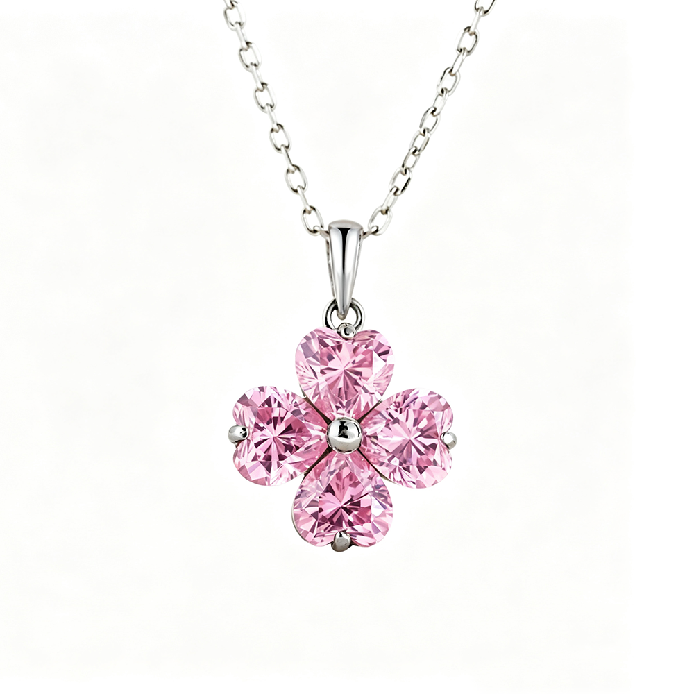 Women's Flower Pendant Necklace, Heart Shape Pink Sapphire Inlay, S925 with White Gold Platin