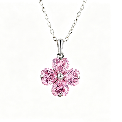 Women's Flower Pendant Necklace, Heart Shape Pink Sapphire Inlay, S925 with White Gold Platin