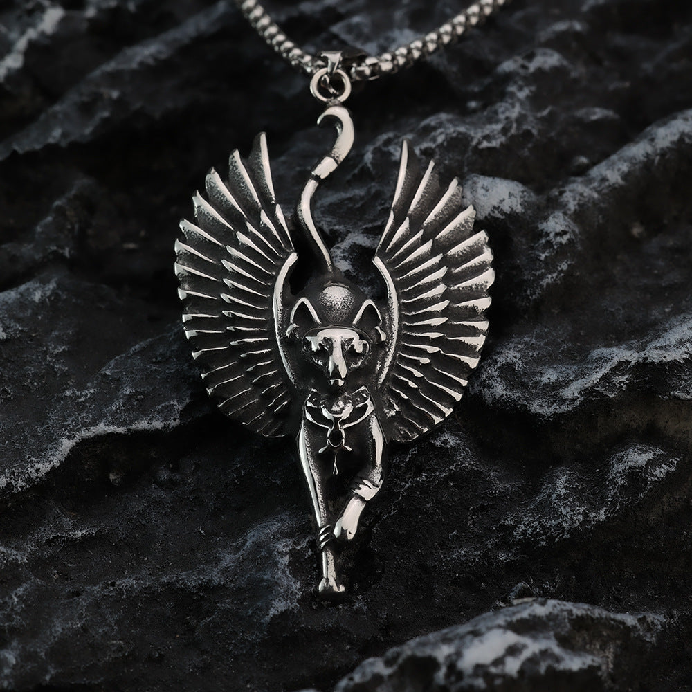 Vintage Stainless Steel Egyptian Cat God Wings Pendant Necklace for Men