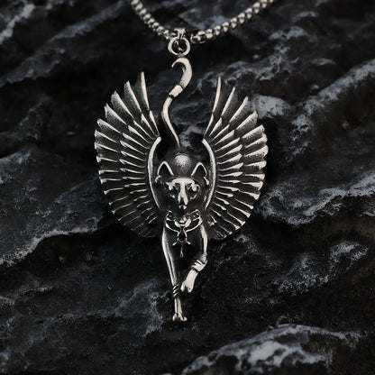 Vintage Stainless Steel Egyptian Cat God Wings Pendant Necklace for Men