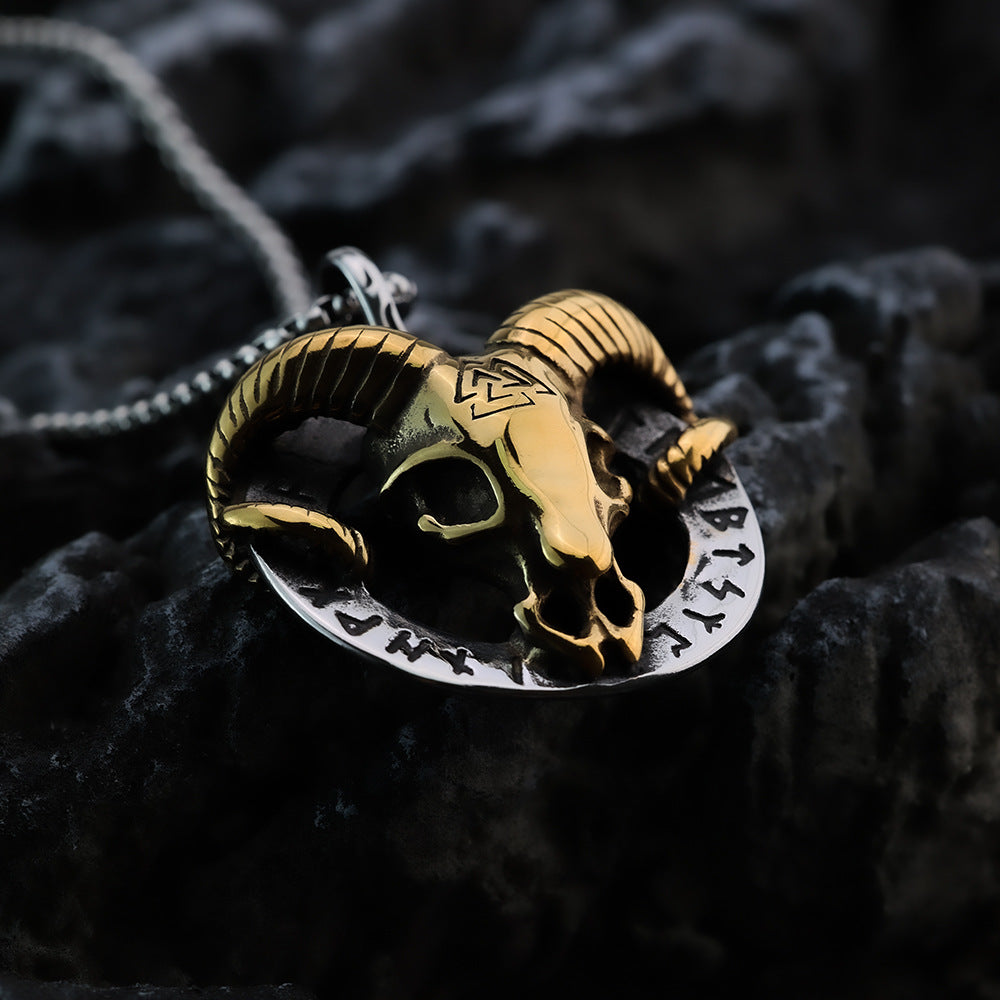 Vintage Stainless Steel Viking Rune Ram Skull Pendant Necklace for Men
