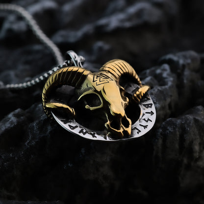 Vintage Stainless Steel Viking Rune Ram Skull Pendant Necklace for Men