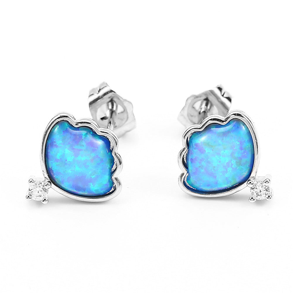 Women's Shell‑Shape Opal With Zirconia Accent Stud Earrings, with White Gold Plating