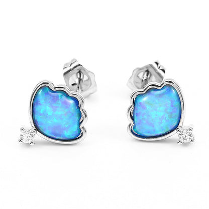 Women's Shell‑Shape Opal With Zirconia Accent Stud Earrings, with White Gold Plating