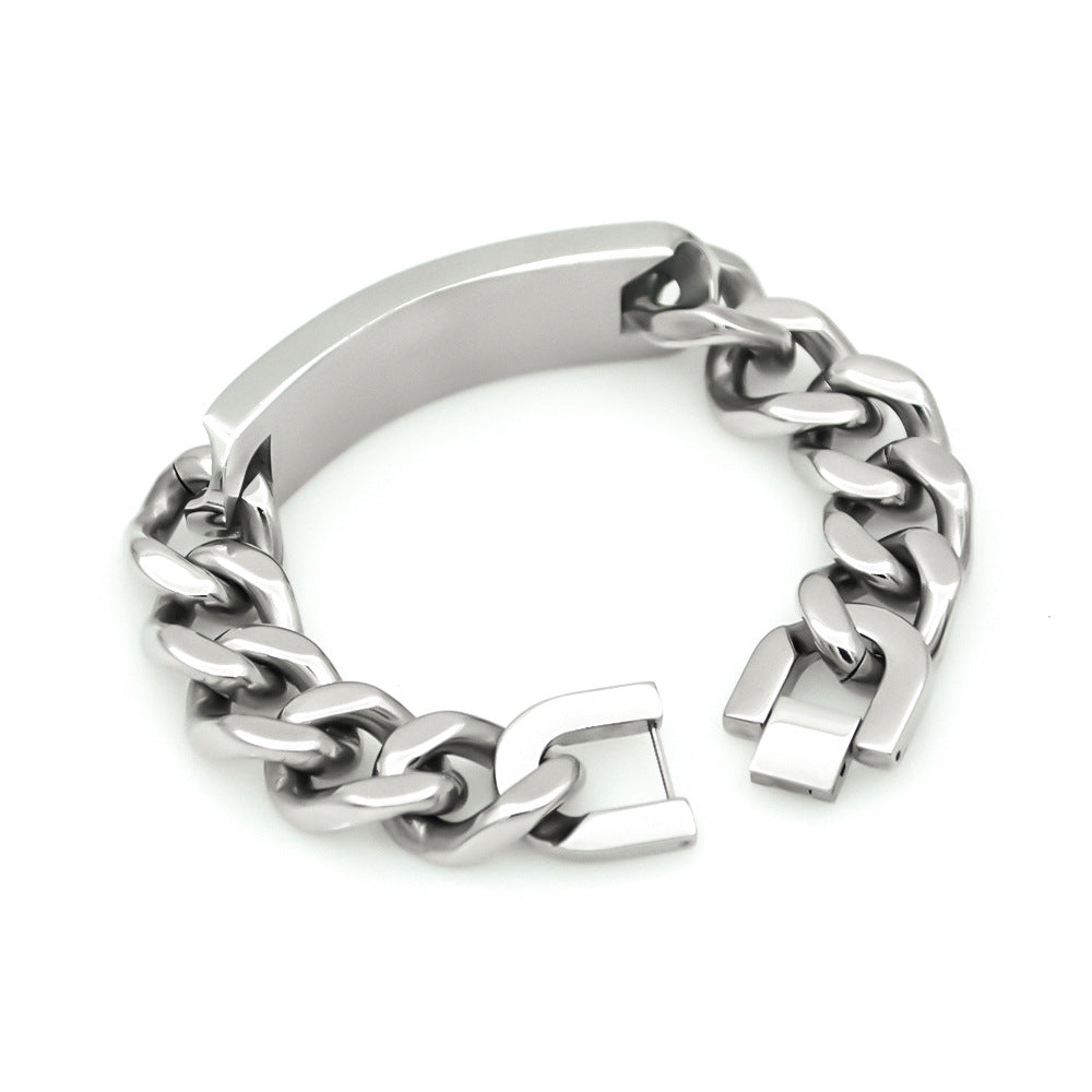 Men’s Silver Tone Stainless Steel Curb Chain Bracelet with Curved Tag Fashion Wrist Jewelry