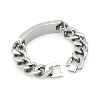 Men’s Silver Tone Stainless Steel Curb Chain Bracelet with Curved Tag Fashion Wrist Jewelry