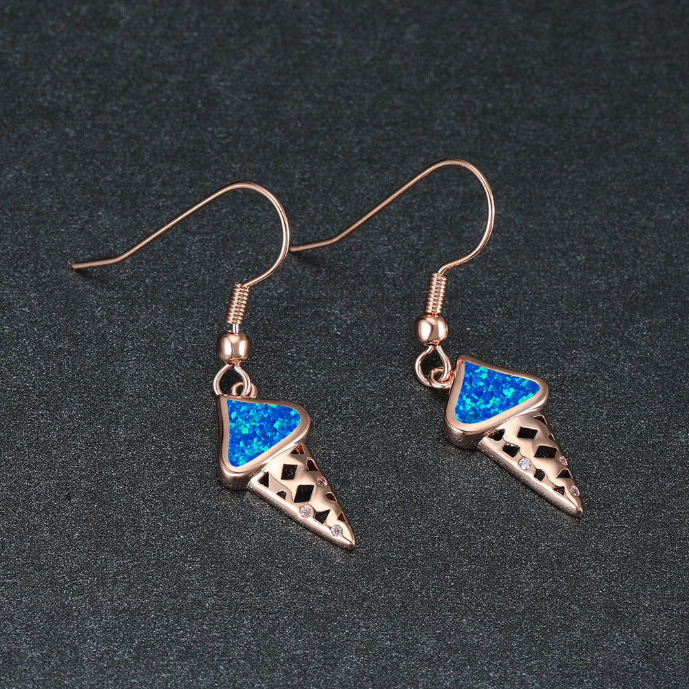 Women's Ice‑Cream Shape Hook Dangle Earrings, Blue Opal / White Opal Inlay, Hollow Design