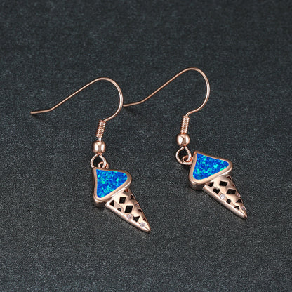 Women's Ice‑Cream Shape Hook Dangle Earrings, Blue Opal / White Opal Inlay, Hollow Design