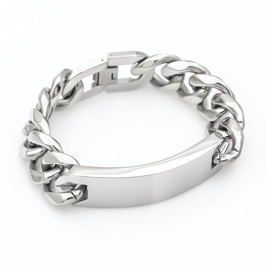 Men’s Silver Six Sides Polished Curved Tag Bracelet, Fashion Stainless Steel Wrist Jewelry