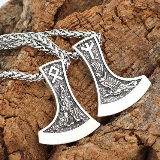 Men's Steel Viking Axe Wolf Rune Pendant Necklace Nordic Retro Jewelry
