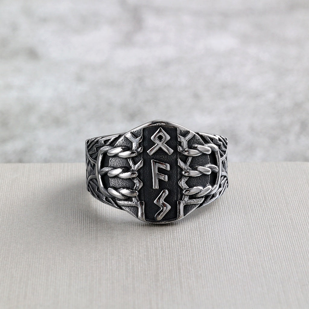 Vintage Solid Stainless Steel Viking Rune Shield Signet Ring for Men