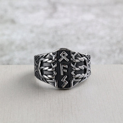 Vintage Solid Stainless Steel Viking Rune Shield Signet Ring for Men