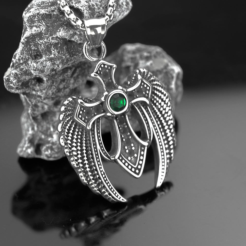 Men's Steel Winged Cross With Green Zirconia Pendant Necklace
