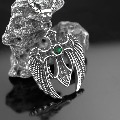 Men's Steel Winged Cross With Green Zirconia Pendant Necklace