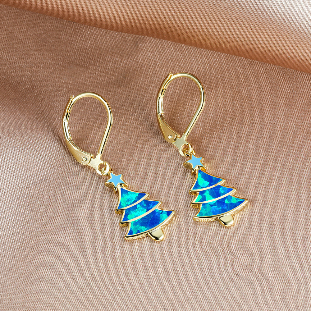 Women's Christmas Tree Color Opal Dangle Earrings, Gold / White Gold Plating