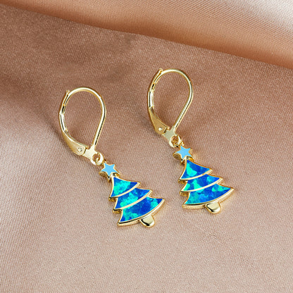 Women's Christmas Tree Color Opal Dangle Earrings, Gold / White Gold Plating