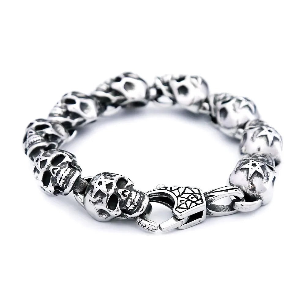 Men's Vintage Hip Hop Stainless Steel Chain Bracelet, Engraved Skull Star Pattern Lobster Clasp Fashion Wrist Bangle Jewelry