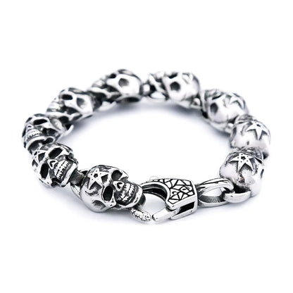 Men's Vintage Hip Hop Stainless Steel Chain Bracelet, Engraved Skull Star Pattern Lobster Clasp Fashion Wrist Bangle Jewelry