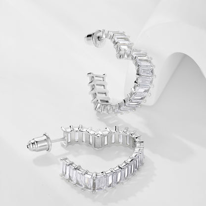 Women's Heart Hollow Huggie Earrings, Full Paved Rectangular Zirconia Inlaid, Premium Style, S925 with White Gold Plating