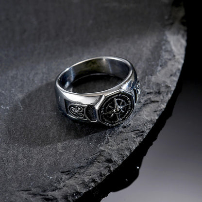 Men's Vintage Compass Six-Pointed Star Wide-Faced Ring