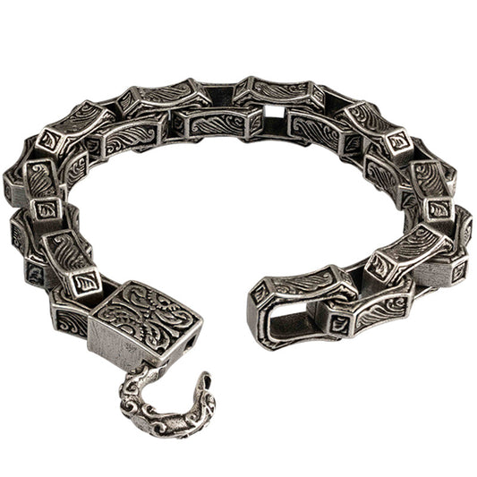 Men's Vintage Wave Pattern Engraved Square Link Bracelet