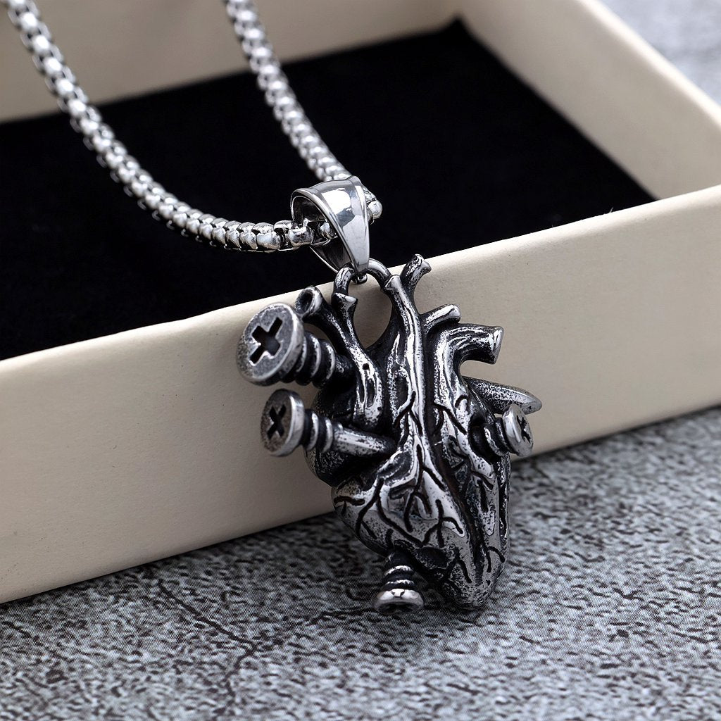 Vintage Stainless Steel Men's Screw Heart Pendant Necklace