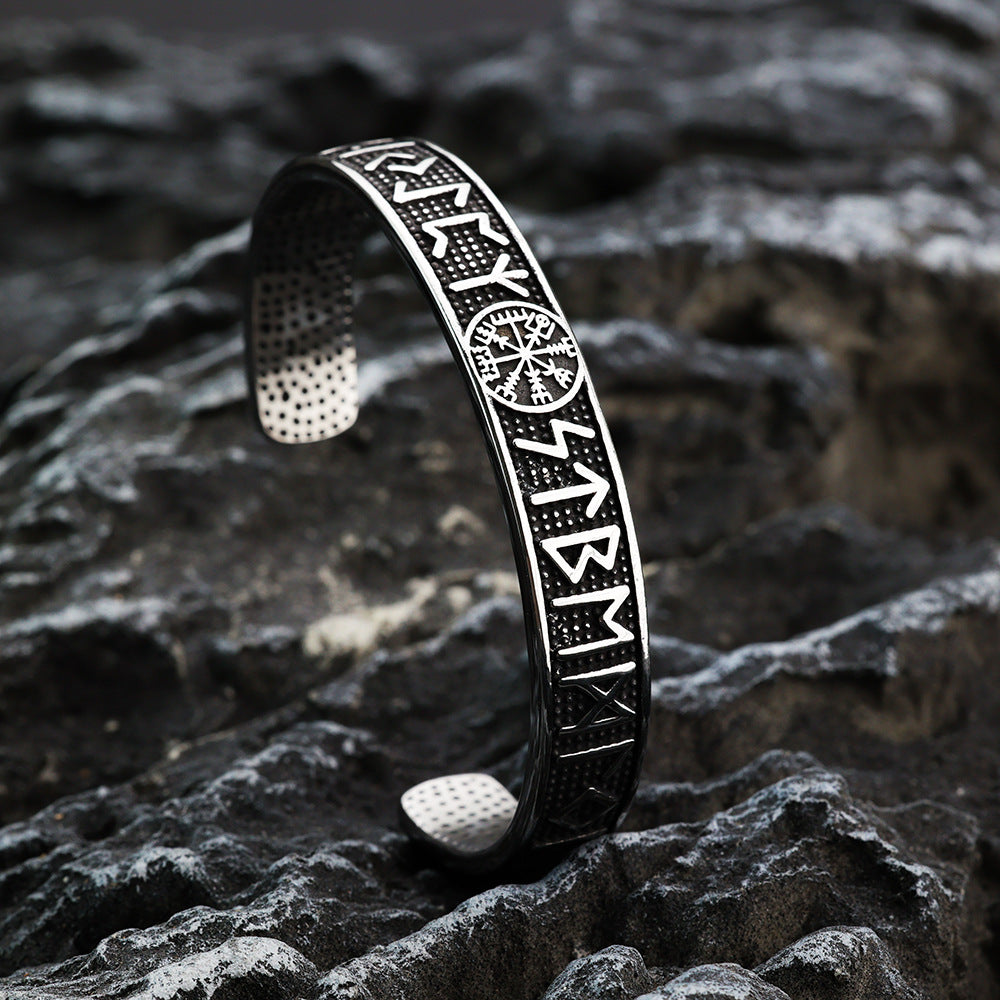 Men's Nordic Pirate Vintage Solid Stainless Steel Open C Cuff Bracelet, Engraved Viking Rune Symbols Adjustable Retro Bangle