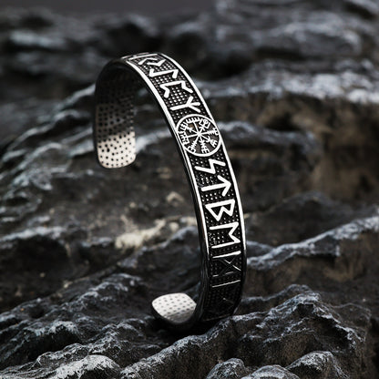 Men's Nordic Pirate Vintage Solid Stainless Steel Open C Cuff Bracelet, Engraved Viking Rune Symbols Adjustable Retro Bangle