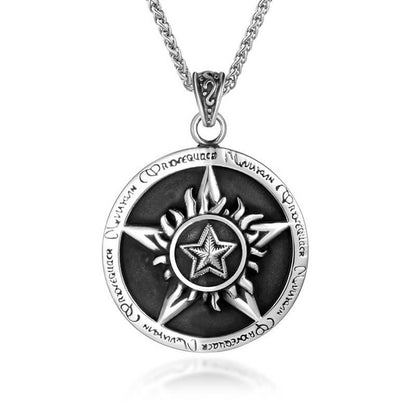 Men's Steel Vintage Pentagram Sun Pattern Round Pendant Necklace