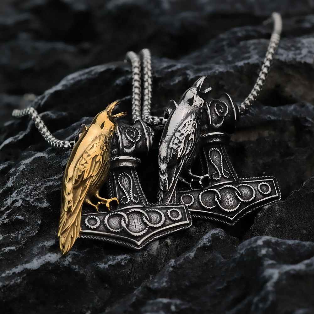 Vintage Stainless Steel Viking Raven and Anchor Combo Pendant Necklace for Men