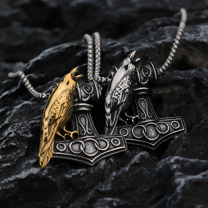 Vintage Stainless Steel Viking Raven and Anchor Combo Pendant Necklace for Men