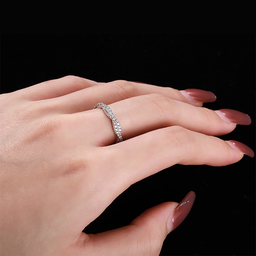 Women's S925 Silver White Gold Tone Pave Zircon Wave Ring, Luxury Stackable Ladies Fashion Ring