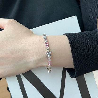 Women's Delicate Bracelet, Petal Shape Design Multicolor Baguette Zirconia Inlay, S925 with White Gold Plating