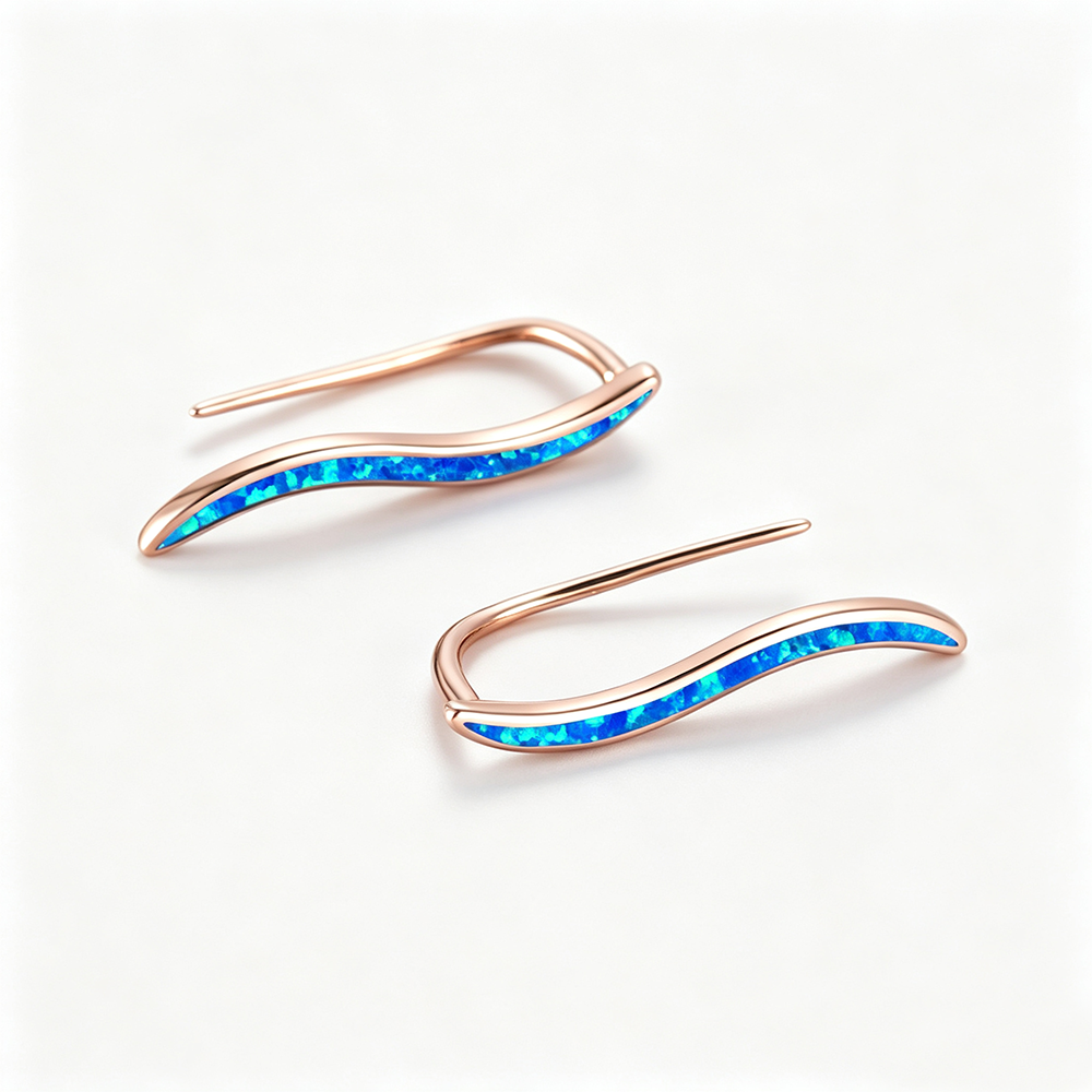 Women's Curved Arc Hook Earrings Inlaid Blue Opal ,Rose Gold Plating/White Gold Plating
