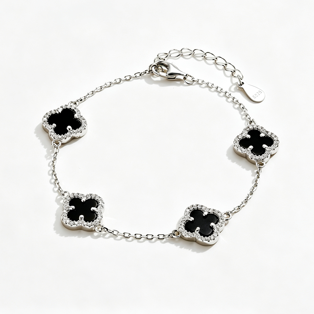 Women's Delicate Bracelet, Black Onyx & Round White Zirconia Inlay Clover Design, S925 with White Gold Plating