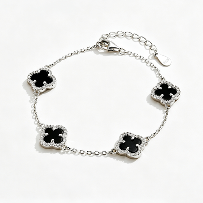 Women's Delicate Bracelet, Black Onyx & Round White Zirconia Inlay Clover Design, S925 with White Gold Plating