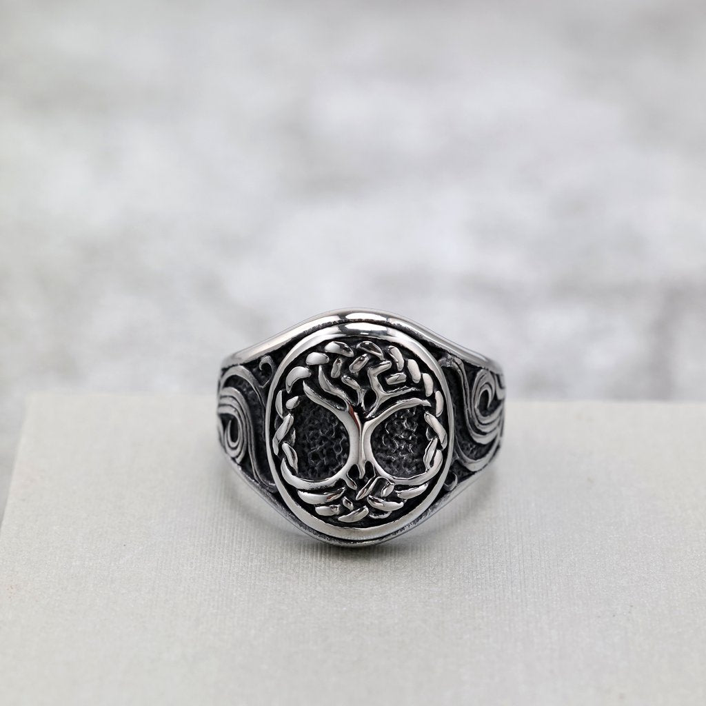 Vintage Solid Stainless Steel 3D Carved Viking Tree of Life Round Ring for Men