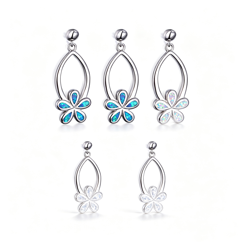 Women's Exquisite Hollow‑Out Floral Dangle Earrings with Blue / Purple / White Opal, with White Gold Plating