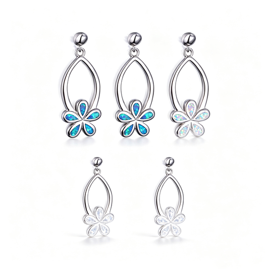 Women's Exquisite Hollow‑Out Floral Dangle Earrings with Blue / Purple / White Opal, with White Gold Plating
