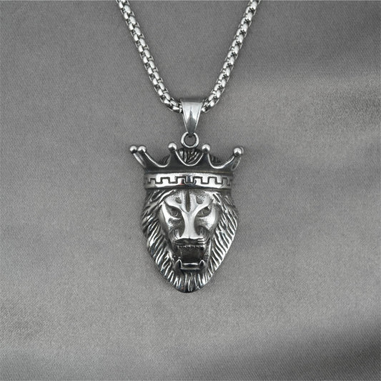 Men's Steel Crown Lion Head Vintage Animal Jewelry Pendant Necklace