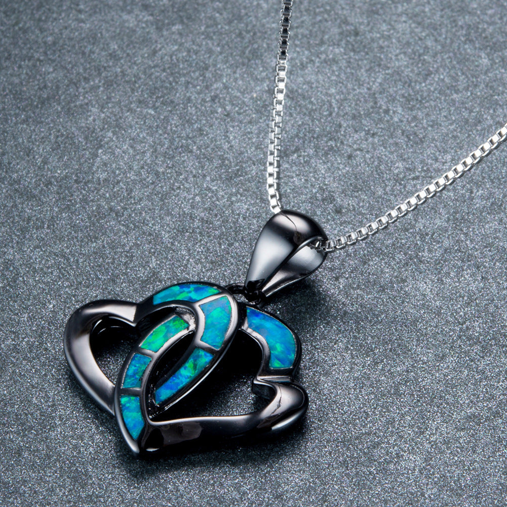 Half-side Opal double heart-shaped pendant necklace