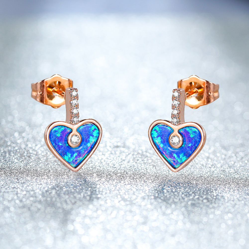 Women's Heart‑Shape Stud Earrings, Paved Zirconia With White Opal / Blue Opal Inlay, with White Gold Plating / Rose Gold Plating