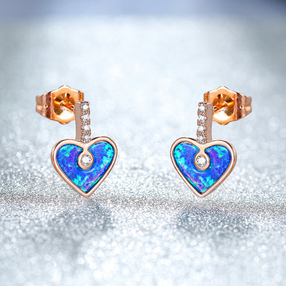 Women's Heart‑Shape Stud Earrings, Paved Zirconia With White Opal / Blue Opal Inlay, with White Gold Plating / Rose Gold Plating