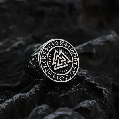 Vintage Nordic Stainless Steel Viking Triangle Symbol Rune Circle Signet Ring for Men