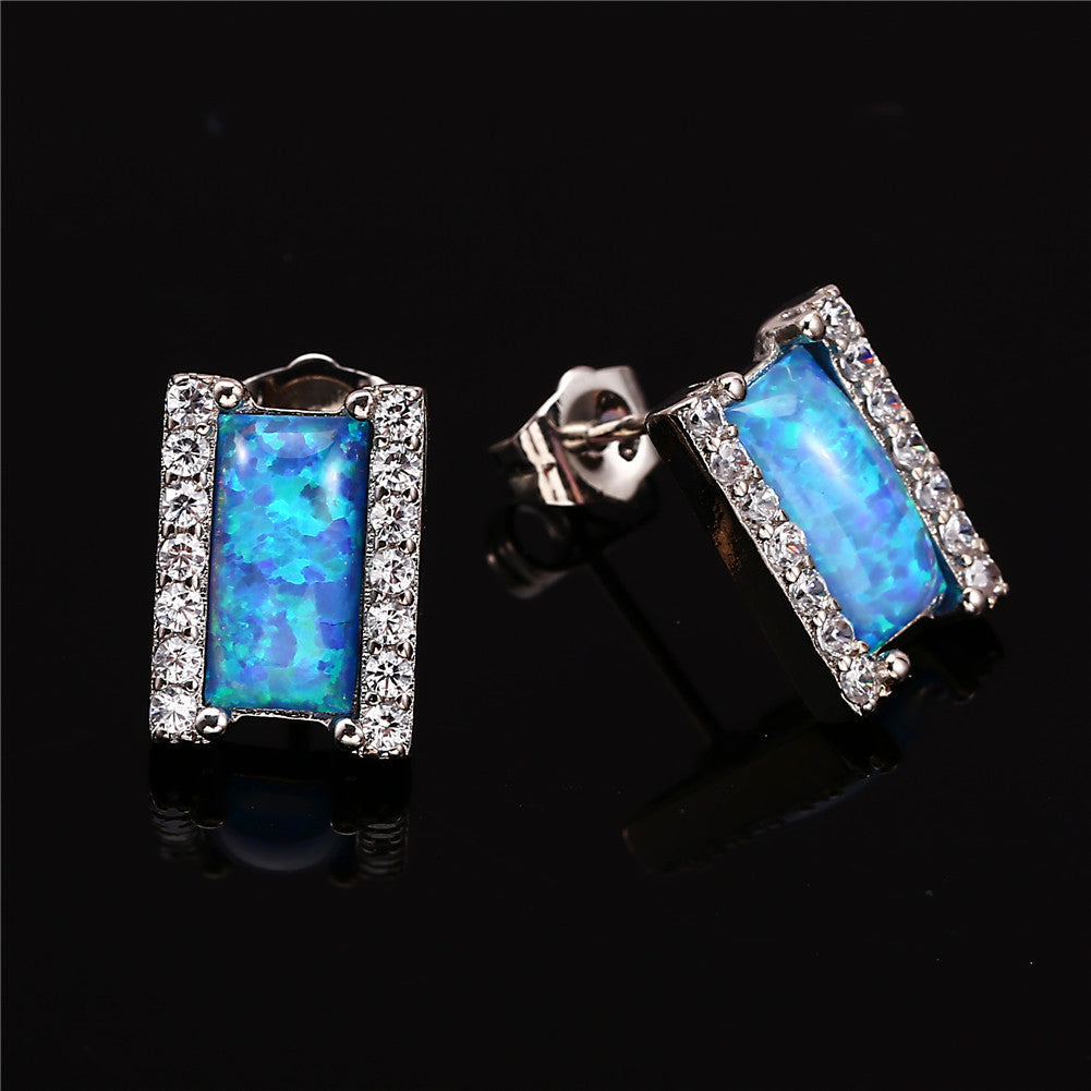 Women's Rectangle Opal Halo Zirconia Stud Earrings, with White Gold Plating