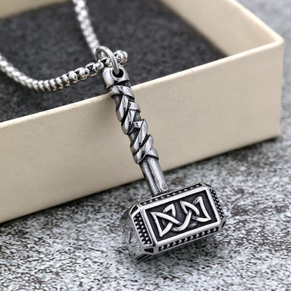 Vintage Stainless Steel Viking Pattern Hammer Pendant Necklace for Men