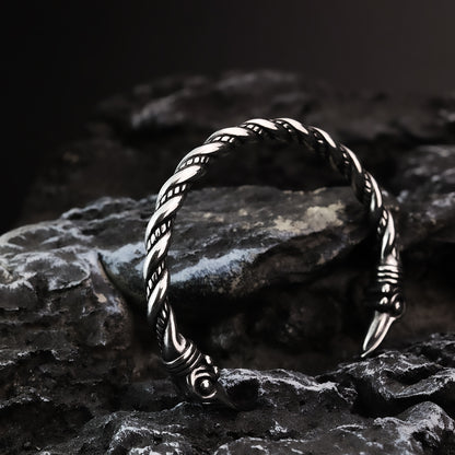 Viking Raven Solid Stainless Steel Open C Bracelet for Men, Nordic Pirate Vintage Adjustable Cuff Bangle