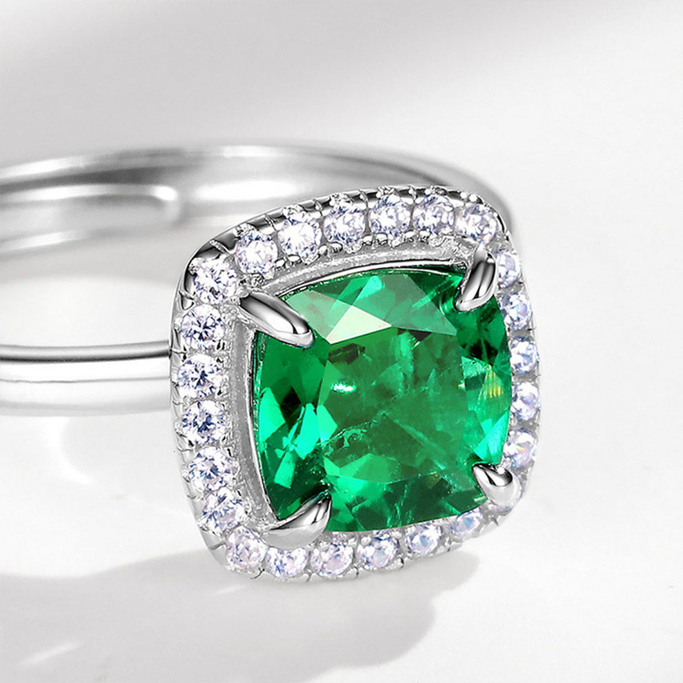 Women's White Gold Cushion Shape Emerald Halo Adjustable Ring