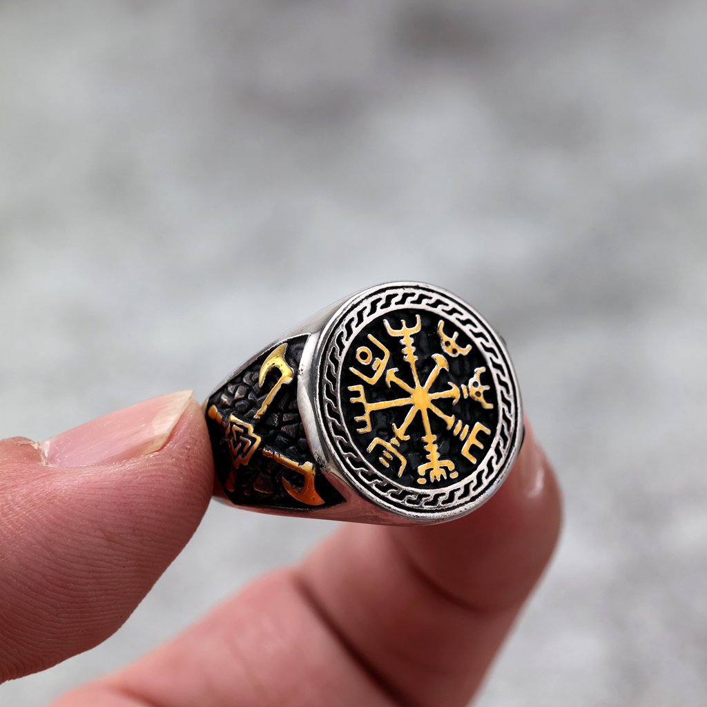 Vintage Nordic Solid Stainless Steel Engraved Axe Viking Compass Ring for Men