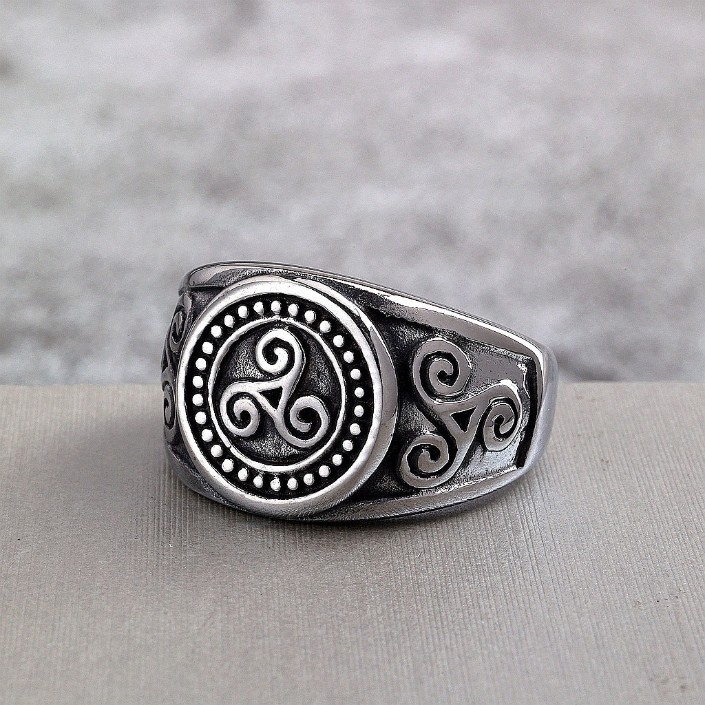 Vintage Solid Stainless Steel Viking Symbol Circle Spiral Ring for Men